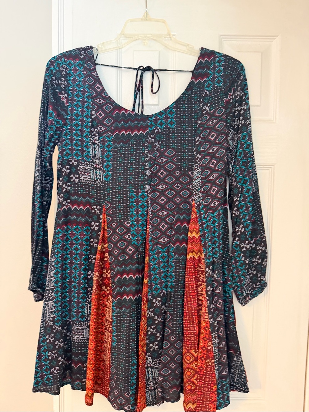 Boho Patchwork Long-Sleeve Swing top in Teal & Rust